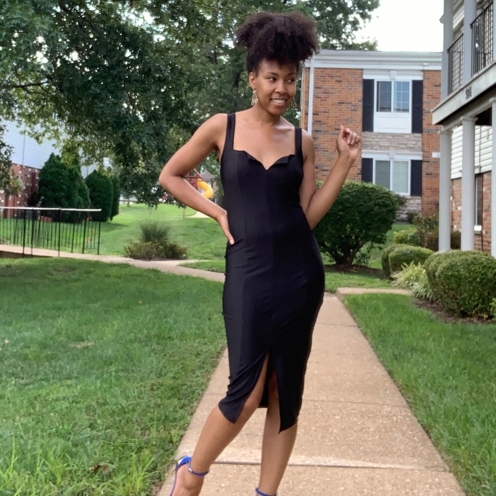 Black Slinky Midi Dress with Front Split